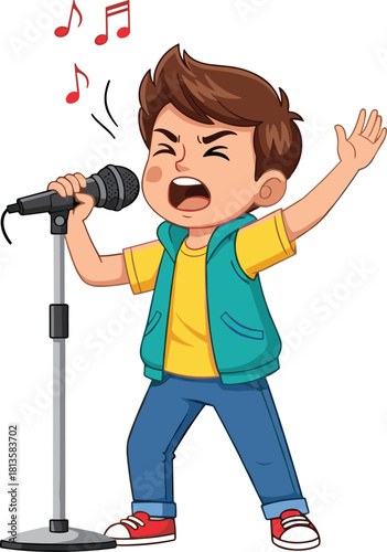 Cute cartoon boy singing loudly into microphone stand, energetic kid performer character with musical notes, isolated vector illustration for music design projects