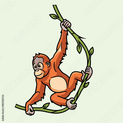 Cute cartoon orangutan swinging on a vine in the jungle.