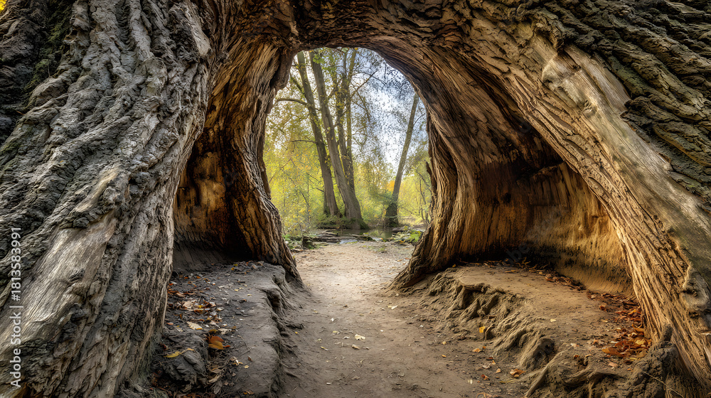 Obraz premium hollow. Ancient tree trunk with a natural hollow tunnel connecting interior and exterior. gardening catalogs, home-decor guides, designed for gardening and botanical catalogs, used by researchers.