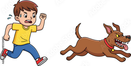 Scared cartoon boy running fast from angry brown dog chasing him, looking back in fear, isolated vector illustration for danger concepts