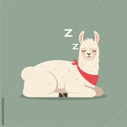 Cute sleeping llama with red bandana on a green background.