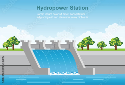 Large hydroelectric dam with water flowing over the spillway.