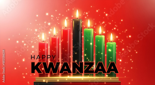 Happy Kwanzaa celebration with traditional African candles in symbolic red black and green colors representing unity culture heritage and festive spirit on glowing background for commercial use

