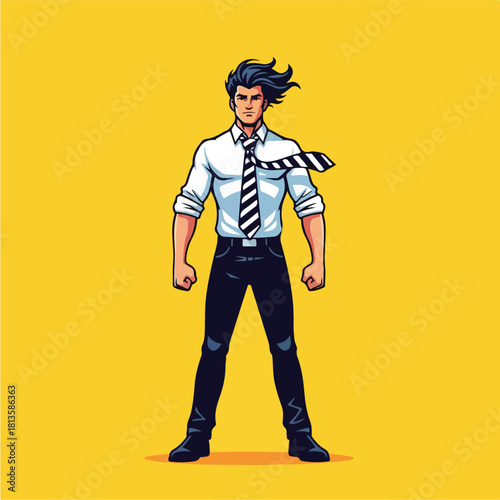 Dynamic illustration of a confident man in a white shirt and striped tie standing tall with a determined expression against a vibrant yellow background.