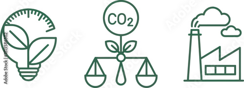Eco Sustainability Line Icons Set – Renewable Energy, CO2 Reduction, Green Industry, Climate Solutions.