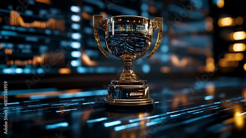 Golden trophy on futuristic data background.