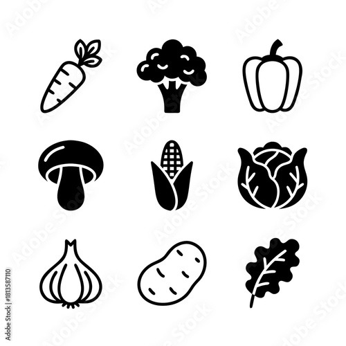 Vegetable icons set, black and white illustrations on a white background