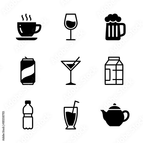 Collection of beverage icons in black and white, perfect for design projects