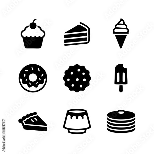 Delicious dessert icons in black and white for food-related design projects