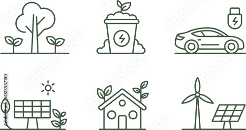 Eco Friendly Sustainability Icons Set – Renewable Energy, Green Home, Solar Power, Electric Car, Zero Waste Line Symbols.