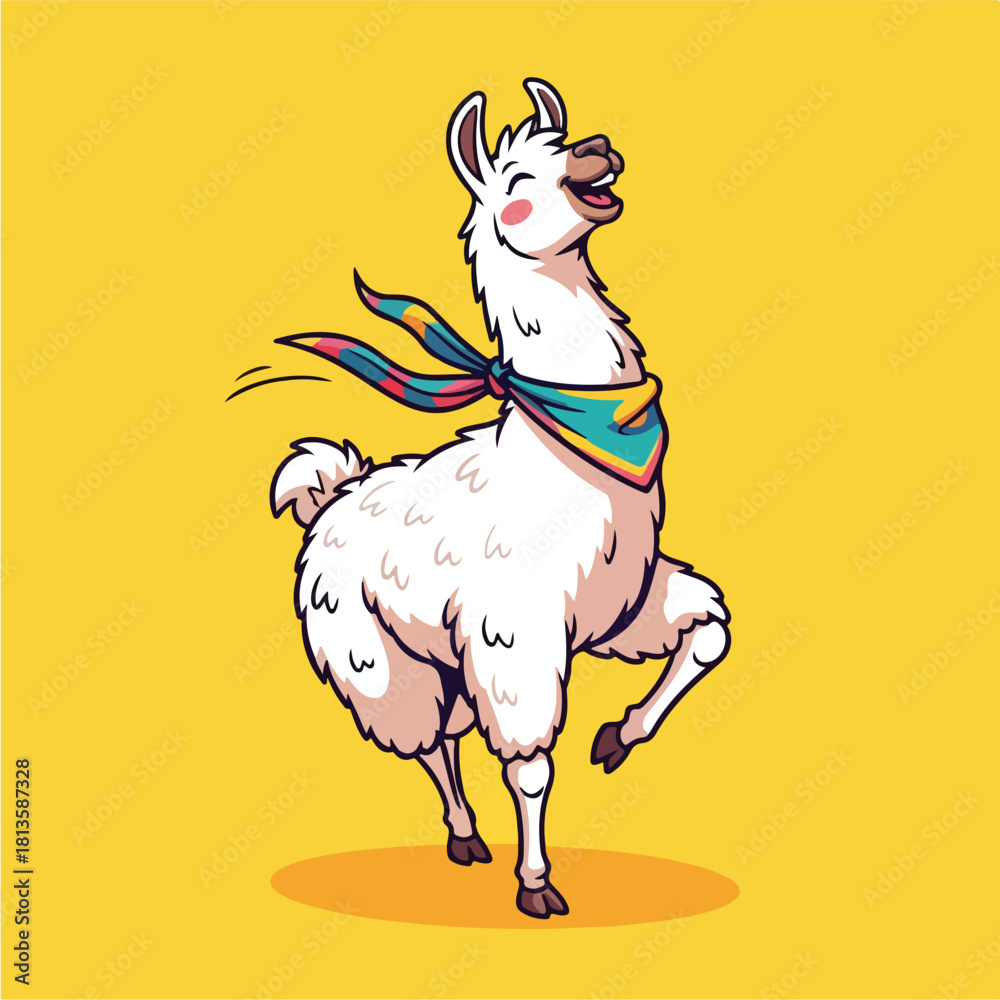 Obraz premium Happy Llama with Colorful Scarf Dancing on Yellow Background.