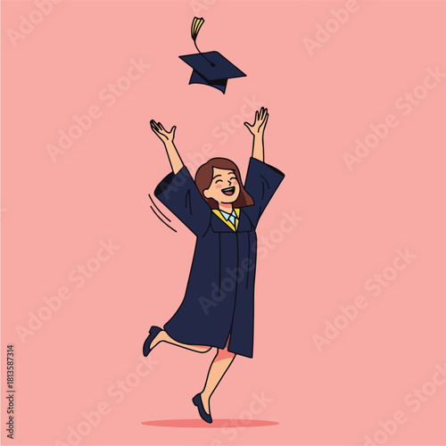Happy female graduate throwing cap in the air celebrating academic achievement.