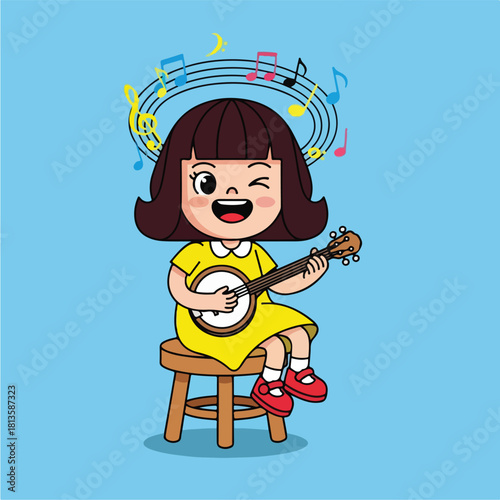 Happy little girl playing banjo with musical notes 1.
