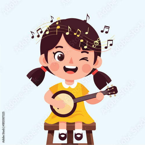 Happy little girl playing banjo with musical notes.
