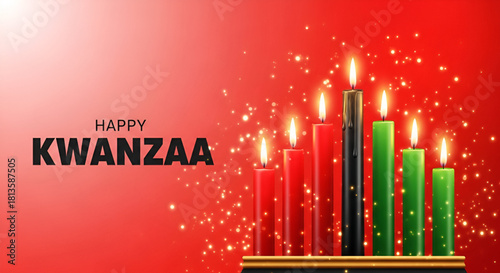 Happy Kwanzaa celebration with traditional African candles in symbolic red black and green colors representing unity culture heritage and festive spirit on glowing background for commercial use
