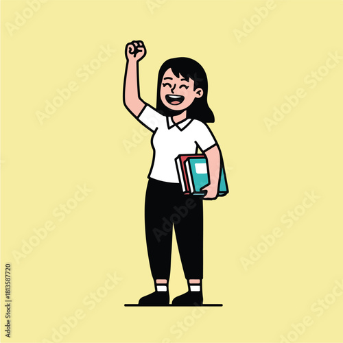 Happy student with books raising fist in air celebrating success.