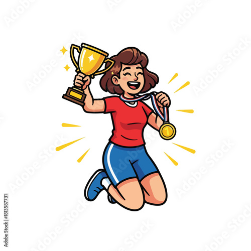 Happy Woman Athlete Celebrating Victory with Trophy and Medal.