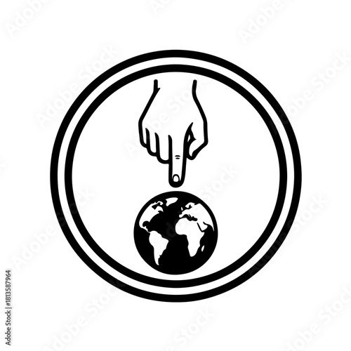 Monochrome icon of a hand or finger pointing toward a simple planet Earth symbol. This visual represents the global necessity of sign language access, the international nature of the community