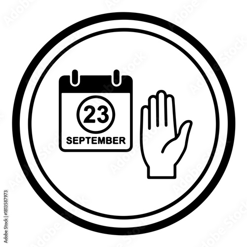 Monochrome icon featuring a simple calendar square with '23' highlighted or circled, placed next to an open palm hand illustration. This design marks and celebrates September 23rd