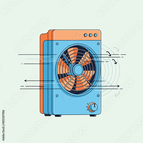 Illustration of an air purifier with air flow and sound waves.