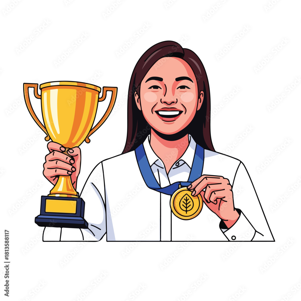 Fototapeta premium Happy young woman holding a golden trophy and medal celebrating success.