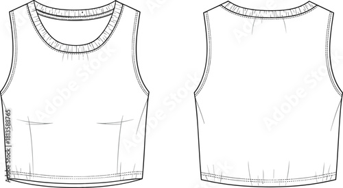 Sleeveless cropped top technical sketch, front and back view, round neckline, bust darts, gathering detail, fashion CAD drawing flat vector illustration