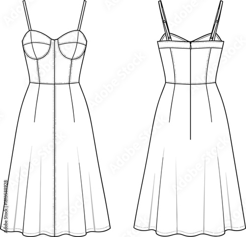 Spaghetti strap dress technical sketch, front and back view, structured bodice, flared skirt, seam detail, fashion design illustration