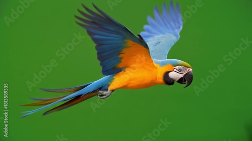 Vibrant Blue and Yellow Macaw Parrot in Dynamic Flight on Green Screen Background