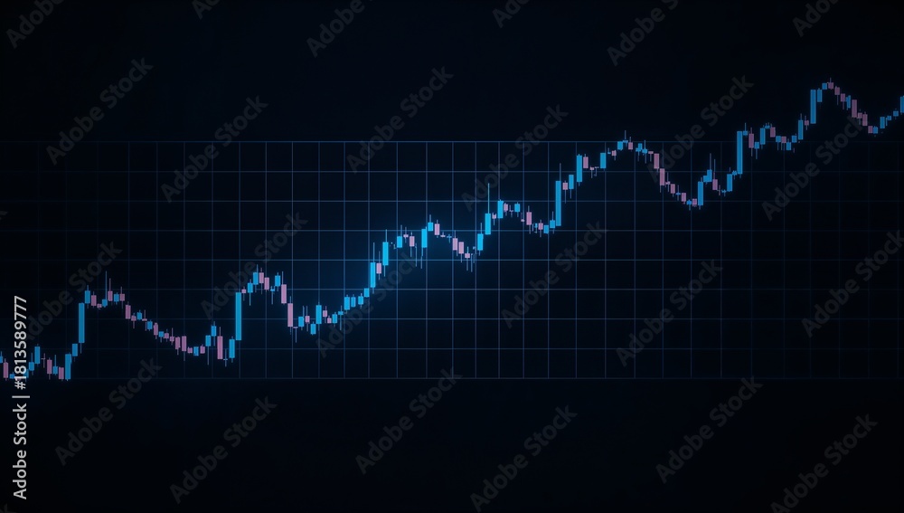 Naklejka premium Luminous Blue Line Graph Ascending on a Dark Digital Screen, Illustrating Financial Market Volatility and Growth.
