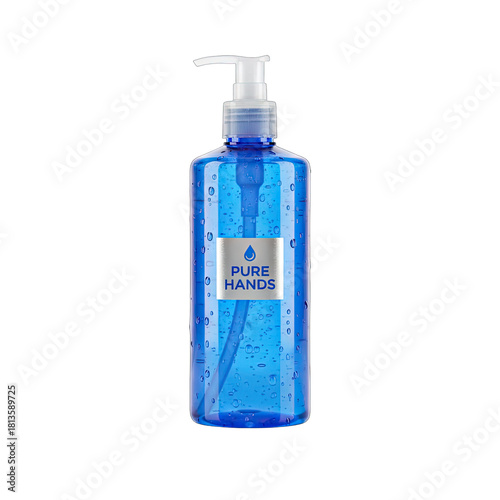 Transparent Blue Pump Bottle Dispenser Filled With Hand Sanitizer Gel With Water Droplets And A Silver Label Featuring Blue Text On A Black Background Clean Product Photography