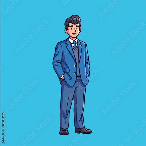 Professional man in blue suit standing confidently.