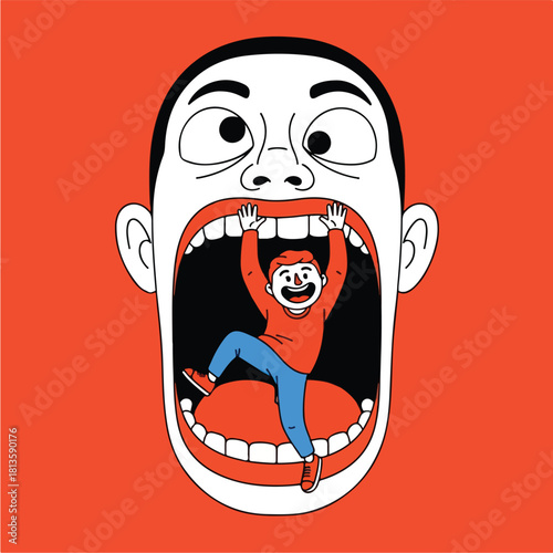 Small Person Trapped Inside a Giant Open Mouth with a Red Background.