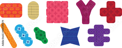 Set of Colorful Pattern Medical Aid Plaster Flat Design Isolated