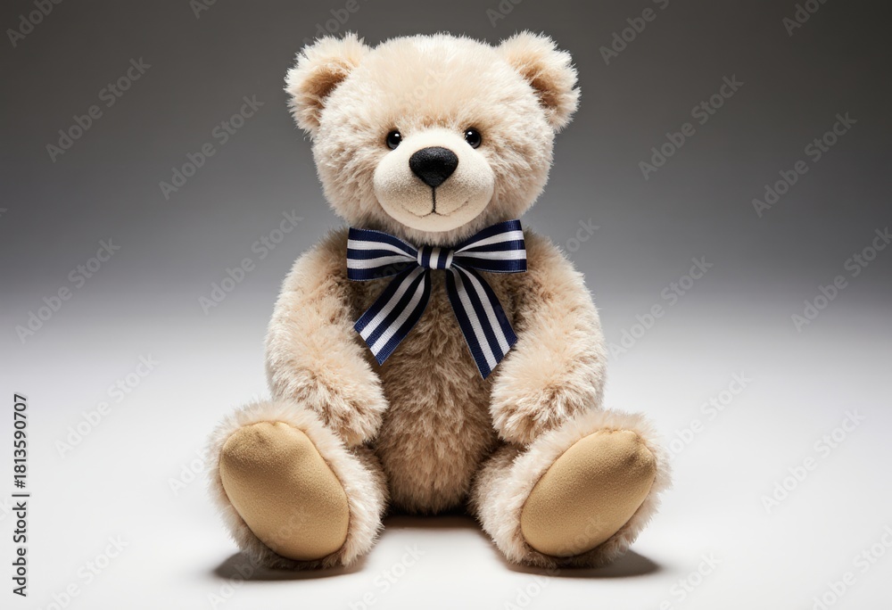 Obraz premium Adorable teddy bear with striped bow tie on white background
