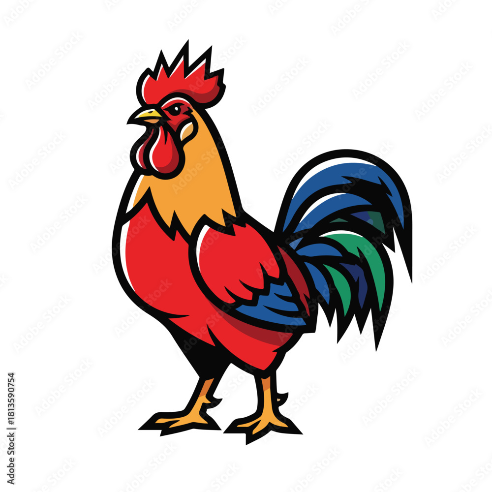 Fototapeta premium Vibrant Rooster Illustration with Bold Colors and Dynamic Pose 1.