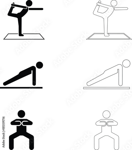 Yoga Exercise Poses Vector Icons: Dancer, Plank & Squat Silhouettes. Fitness Workout, Balance & Stretching Pictograms