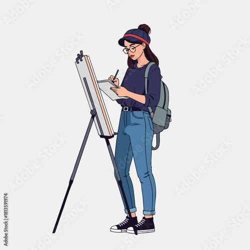 Young female artist sketching on an easel outdoors.
