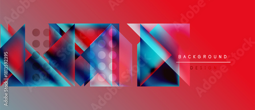 Abstract geometric shapes dominate red background. Polygons, triangles create dynamic visual texture. Modern design element.