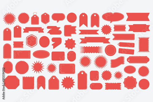 Collection of red sale tags and labels in various shapes and styles