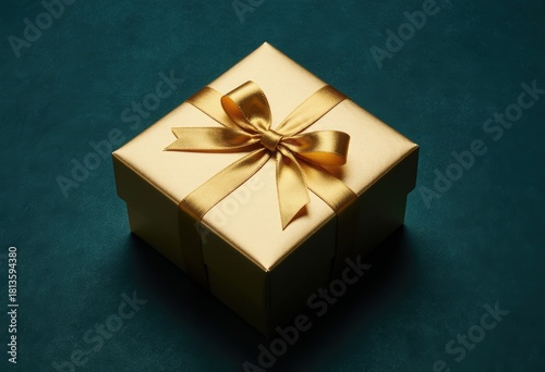 Golden gift box with bow on dark turquoise background