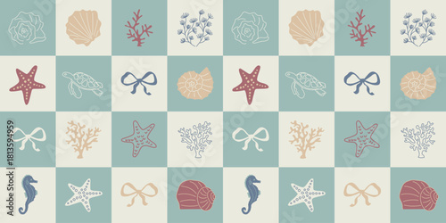 Marine Minimalist seamless pattern with seashells, coral, starfish, turtle and sea life elements. Soft colors, modern, stylish checkered design, simple shapes. Cozy pattern in blue tones