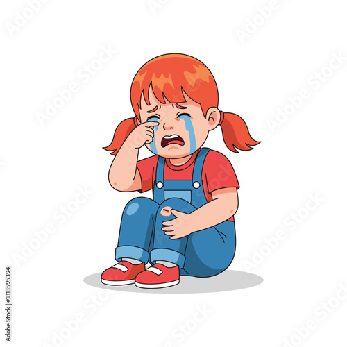 Cartoon vector of a sad little girl with red hair, crying with tears flowing down her face and a scraped knee, sitting on the ground