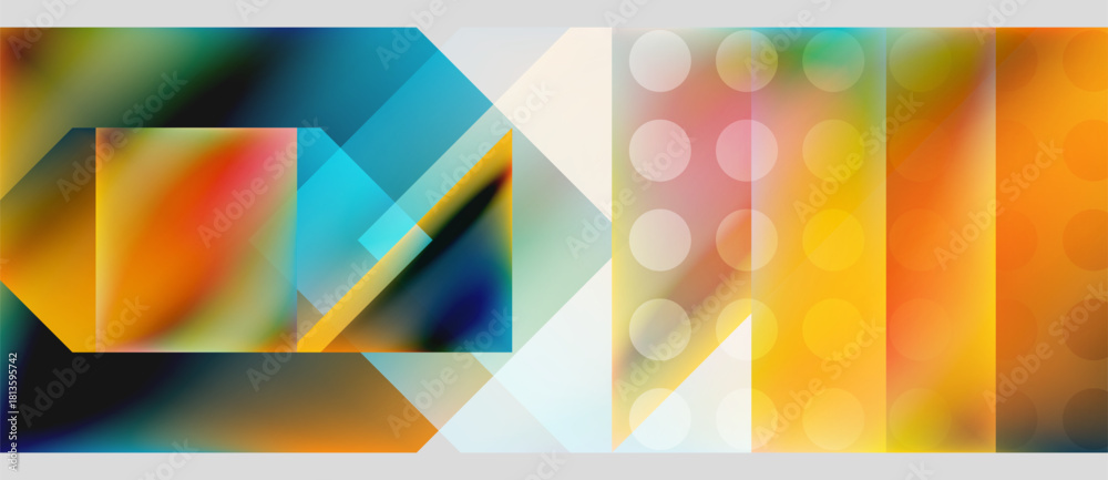 Fototapeta premium Abstract composition. Geometric shapes overlap, vibrant colors blend. Light, shadow create dynamic visual effect. Modern design.