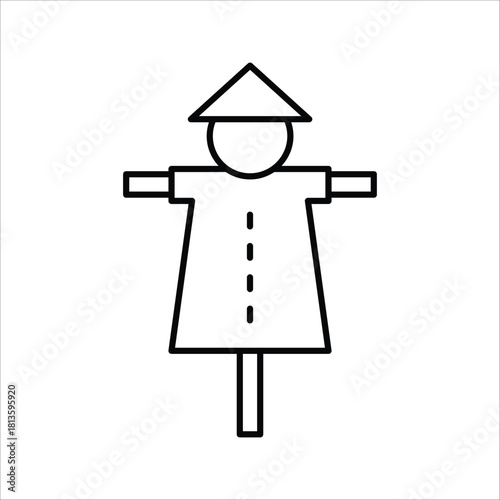 Minimalist line art icon of a classic scarecrow, a traditional rural figure used for protecting crops, symbolizing farming, agriculture, and garden defense against birds and pests in fields and yards