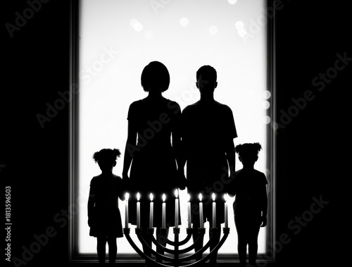 Silhouette of a family celebrating Kwanzaa with a Kinara against a bright background