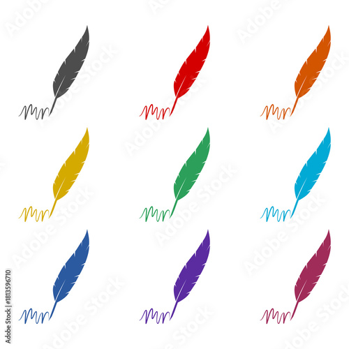 Feather quill pen logo with ink pot icon isolated on white background. Set icons colorful