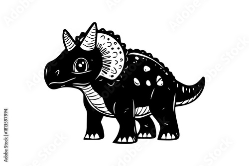 Charming black and white illustration of playful dinosaur with distinctive horns