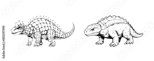 Detailed sketches of two unique dinosaurs showcasing distinct features and textures