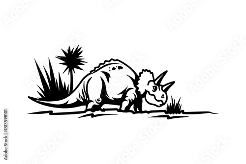 Gentle Triceratops explores lush prehistoric landscape, showcasing unique features and charm