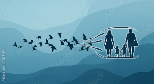 A symbolic image depicting a family and a flock of birds flying from an eye-like shape against a layered blue background, representing freedom, migration, and new beginnings.